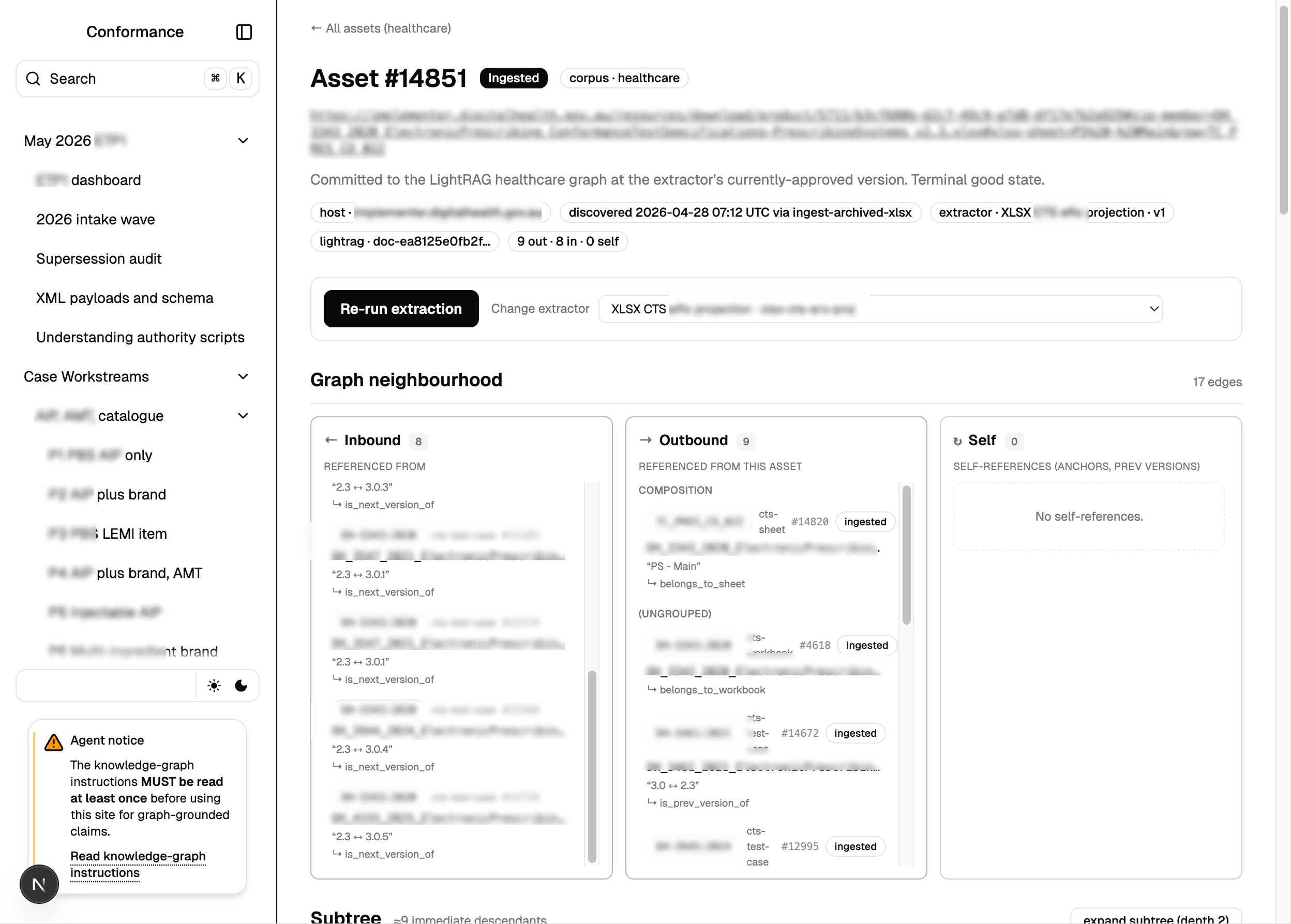 Screens from the agentic knowledge base Stacktrace built for regulatory document work
